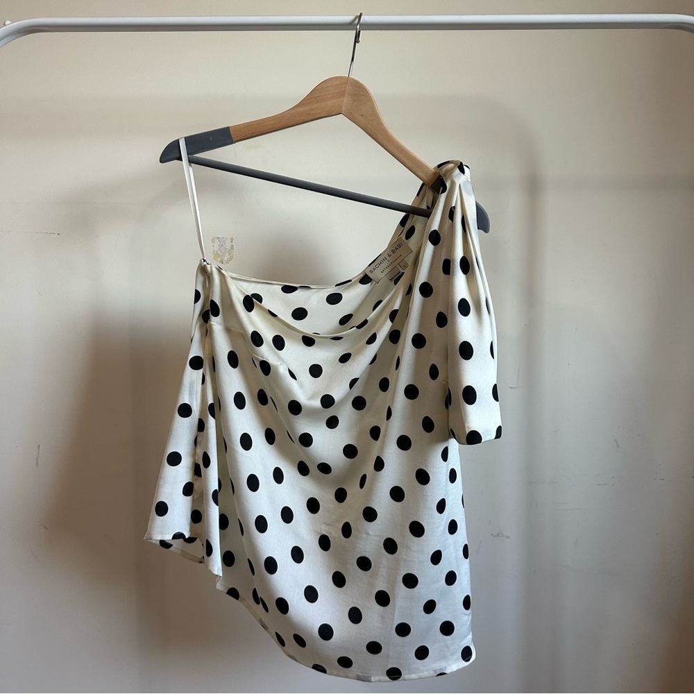 Sachin & Babi | Black & White Satin One Shoulder Polka Dot Top Size L